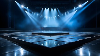 A modern, empty stage set for a contemporary dance performance, illuminated by soft, dynamic LED lighting, showcasing a sleek, minimalist design with a reflective black floor and a backdrop of geometr