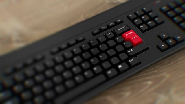 Attack red button on keyboard. A finger presses Attack. Click Attack. Realistic keyboard button. Red button Attack to push. Set for action. Keyboard with unique word to press. Wideshot CGI
