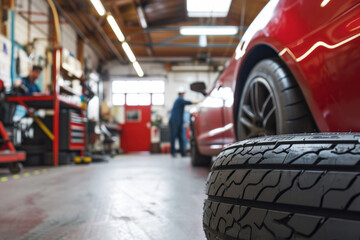 Car and tire in garage service.