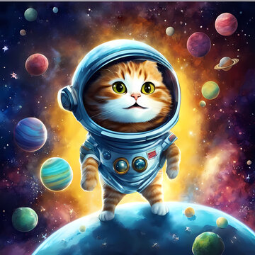 Cute cat in fantastic outer space, among planets and comets. the picture is perfect for your design posters, cards, wallpaper, covers. For prints on pillows, mugs, bags, for childrens book