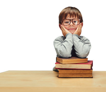 Happy boy, portrait and student with glasses on books for learning or education on a transparent PNG background. Face of young male person, child geek or little nerd with smile and textbooks on table - Powered by Adobe