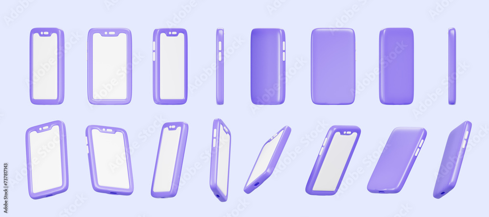 Poster 3d set of mobile phone rotation render. cartoon isolated purple smartphone icons with empty white sc