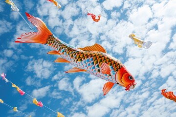 A massive fish-shaped kite, adorned with vibrant colors, gracefully glides through the air during the lively Kite Festival, Carp streamer flying in the sky for a child's birthday, AI Generated