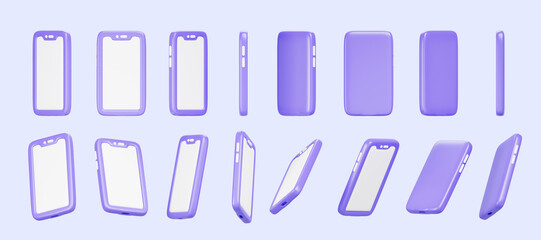 3d set of mobile phone rotation render. Cartoon isolated purple smartphone icons with empty white screen mockup, animation with sequence rotating elements, template for game ui design. 3D illustration