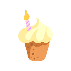 Cartoon cake with cream and candle for first birthday for card, invitation and banner. Flat vector illustration