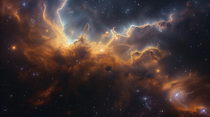 Spectacular Cosmic Phenomenon with Interstellar Clouds and Bright Star Clusters in a Deep Space Nebula