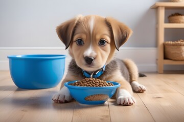 A small puppy looks thoughtfully, a blue bowl filled with dog food, wooden floor
