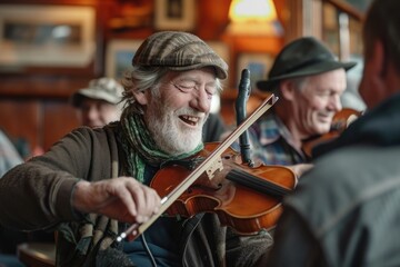 A group of men sitting around a table, immersed in playing the violin together, Cheerful Irish...