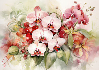 A Painting of Pink Orchids and Red Berries