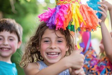 Group of Young Children Standing Together at School, Children enjoying a piÃ±ata at an outdoor summer party, AI Generated