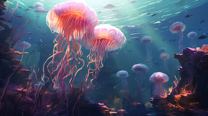 A group of jellyfish swimming over a coral reef. - obrazy, fototapety, plakaty