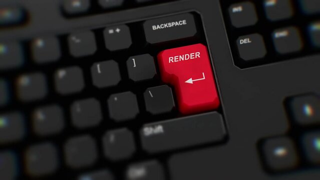 Render red button on keyboard. A finger presses Render. Click Render. Realistic keyboard button. Red button Render to push. Set for action. Keyboard with unique word to press. Close-up CGI