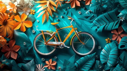 a bicycle powered by solar energy, highlight color contrast photography, paper cut craft