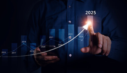 Businessman using smartphone pointing at increasing arrow graph, future business goals of company...