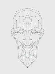 Human head created in low poly style. Man face polygon light. Intelligence allegory AI. Facial Recognition System concept. biometric scanning, 3D scanning. Polygon vector wireframe concept. - 737819164