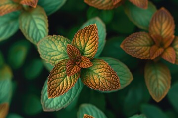 A detailed photograph capturing the intricate details of a green-leafed plant from up close, Chocolate mint plant with its unique brown and green leaves, AI Generated