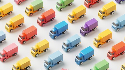 a micro pattern of colorful modern 3D trucks on a white background.