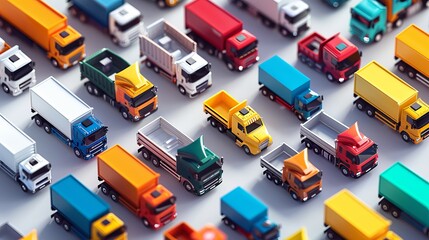a micro pattern of colorful modern 3D trucks on a white background.
