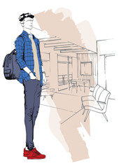 Fashion man set. Sketch of a fashion man in a jacket on a white background. Autumn man. Street style - 737819512