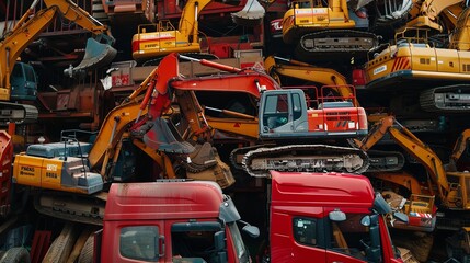 A red truck loaded with numerous cranes, excavators, and other machinery