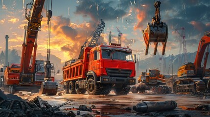 A red truck loaded with numerous cranes, excavators, and other machinery - obrazy, fototapety, plakaty