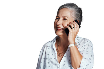 Mature woman, phone call and smiling in conversation, talking and speaking on technology. Senior...
