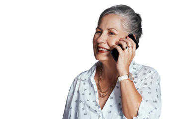 Mature woman, phone call and smiling in conversation, talking and speaking on technology. Senior female person, online and connect in retirement, happy and isolated on transparent png background