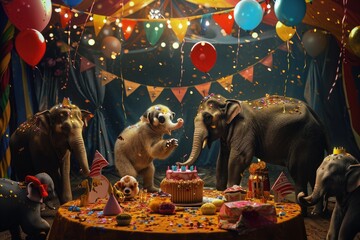 A group of elephants all standing around a table, celebrating with a cake, Circus animals preparing for a grand birthday celebration, AI Generated