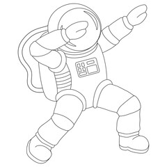 Cartoon astronaut dancing in space. Vector illustration for coloring book, children entertainment, print. Black and white.