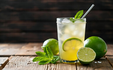 Lemonade with lime mint on a wooden table