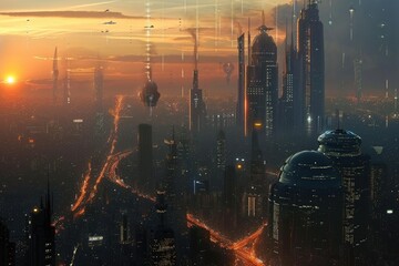 A cityscape of a technologically advanced city with tall skyscrapers and flying vehicles, illuminated by a vibrant sunset, Cities of the future with advanced technology, AI Generated