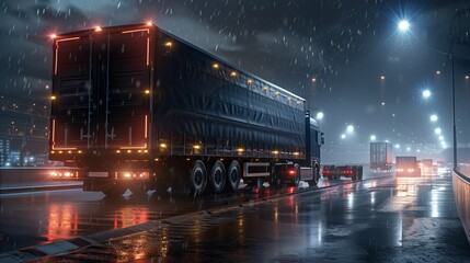 Fototapeta na wymiar Blue Long Haul Semi-Truck with Cargo Trailer Full of Goods Drives across the continent through snow, fog, and rain while traveling at night on the freeway. Industrial Warehouses Area.