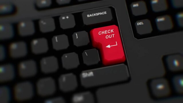 Check Out red button on keyboard. A finger presses Check Out. Click Check Out. Realistic keyboard button. Red button Check Out to push. Set for action. Keyboard with unique word to press. Close-up CGI