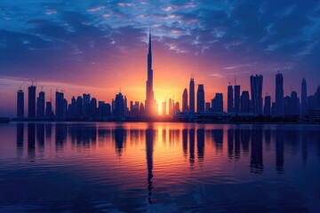 This stunning photo captures the beauty of a city at sunset, with its reflection shimmering in the water, City skyline being kissed by the first rays of sunrise, AI Generated
