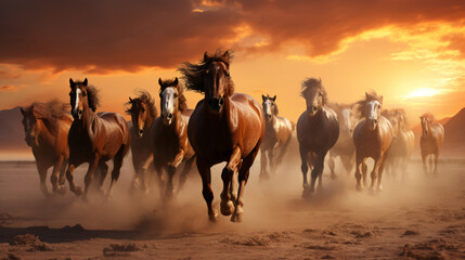 A herd of horses running across a dusty landscape.