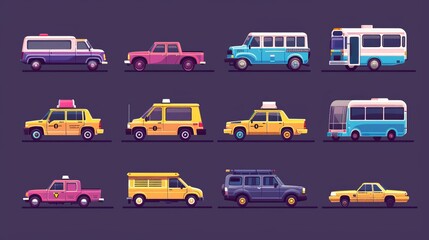 Flat cars set. Cabriolet and pickup, minivan and taxi. Truck, SUV, and bus. Urban, city cars and vehicles transport vector flat icons. Cabriolet and truck, car and bus, automobile pickup illustration