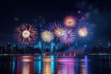 Colorful fireworks illuminate the night sky above a bustling city, creating a spectacular display of lights and explosions, City view during a spectacular fireworks show, AI Generated
