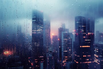 The photo captures a night view of a city observed through a window covered in raindrops, Cityscape in the rain with skyscrapers emerging from the mist, AI Generated