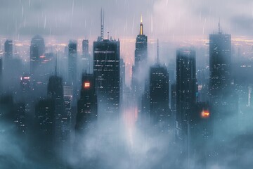 Aerial View of Rainy Cityscape at Dusk, Cityscape in the rain with skyscrapers emerging from the mist, AI Generated