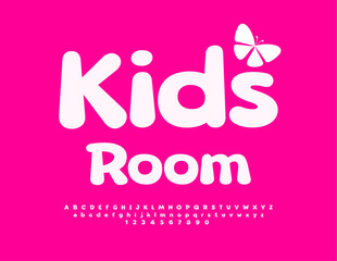 Vector modern Poster Kids Room. Cartoon style White Font. Children Cute Alphabet Letters, Numbers and Symbols.