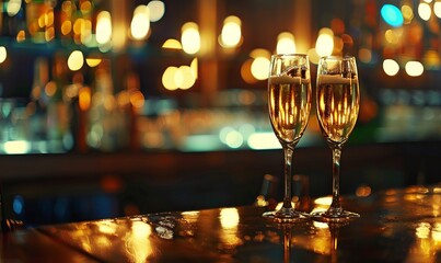 two champagne flutes filled with champagne, resting on a polished bar counter. Light reflects off the glasses and the counter, creating a sparkling ambience.