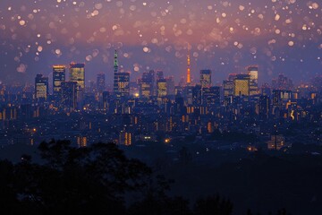 A Scenic View of a City at Night Overlooking From a Hill, Cityscape softly illuminated by the break of dawn, AI Generated