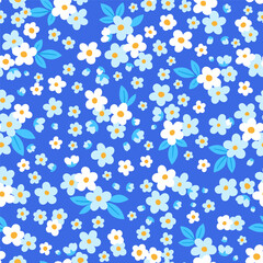 Hand drawn doodle pattern. Seamless pattern of tiny white and blue delicate flowers on dark blue background