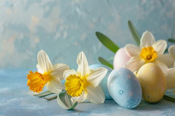 Fototapeta na wymiar Easter pastel background with colorful easter eggs and daffodils