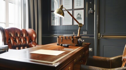 Retro-Styled Study Space with Wooden Desk, Leather Chair, and Vintage Lamp