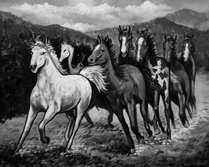 monochrome photography black and white original oil painting  running horse  thailand
