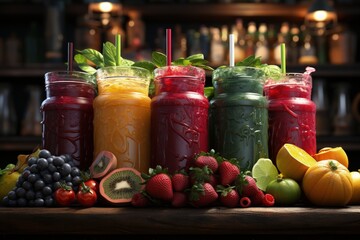 A colorful array of smoothies and juices at a health bar - obrazy, fototapety, plakaty