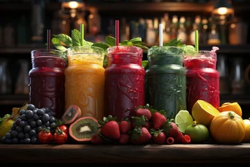 Plexiglas foto achterwand A colorful array of smoothies and juices at a health bar © Mahenz