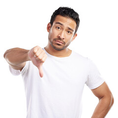 Isolated man, thumbs down and portrait with sign for choice, feedback and no symbol by transparent png background. Asian person, disapproval and hand with decision, bad review and vote in Indonesia