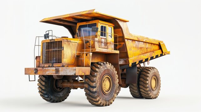 3D rendering of a mining dump truck and other heavy construction equipment on a white background